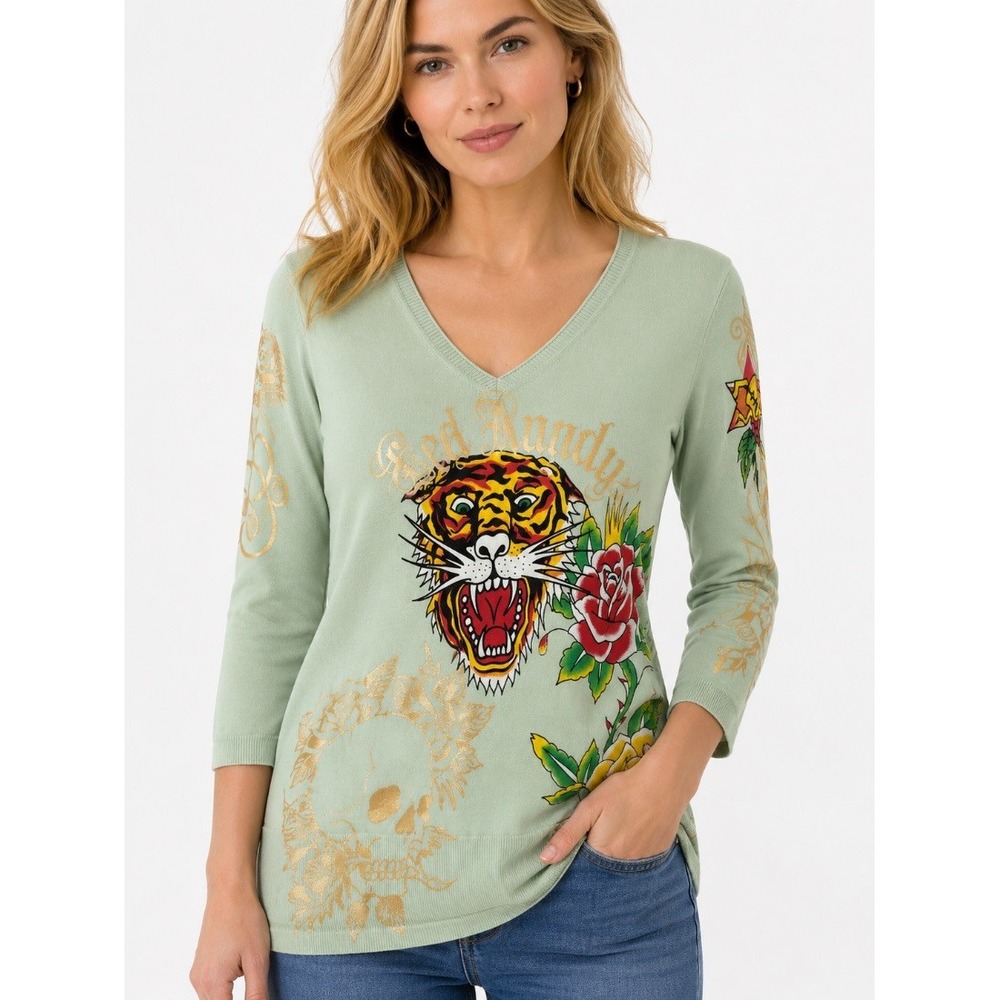 Ed Hardy Womens Tiger Rose Mint Green Knit Sweater Tunic Los Angeles Size L